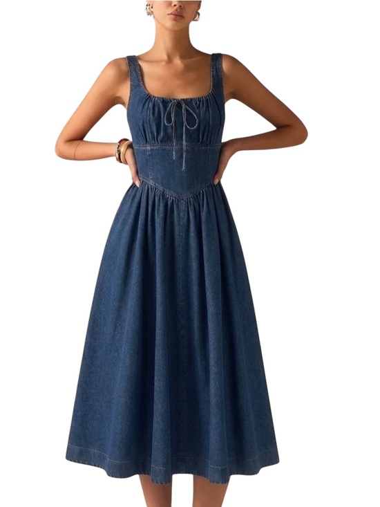Commense Dresses & Skirts - Commense Blue Denim Square Neck Tie Front Cotton Blend Midi Dress Small NWT